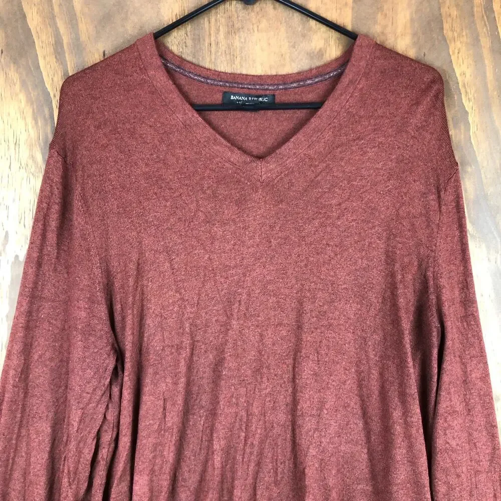Banana Republic Mens Sweater Burnt Orange Brown V Neck Silk Cashmere Blend XL